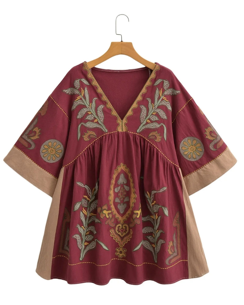 Robe mini lin et coton broderie florale bohème été — vue 5