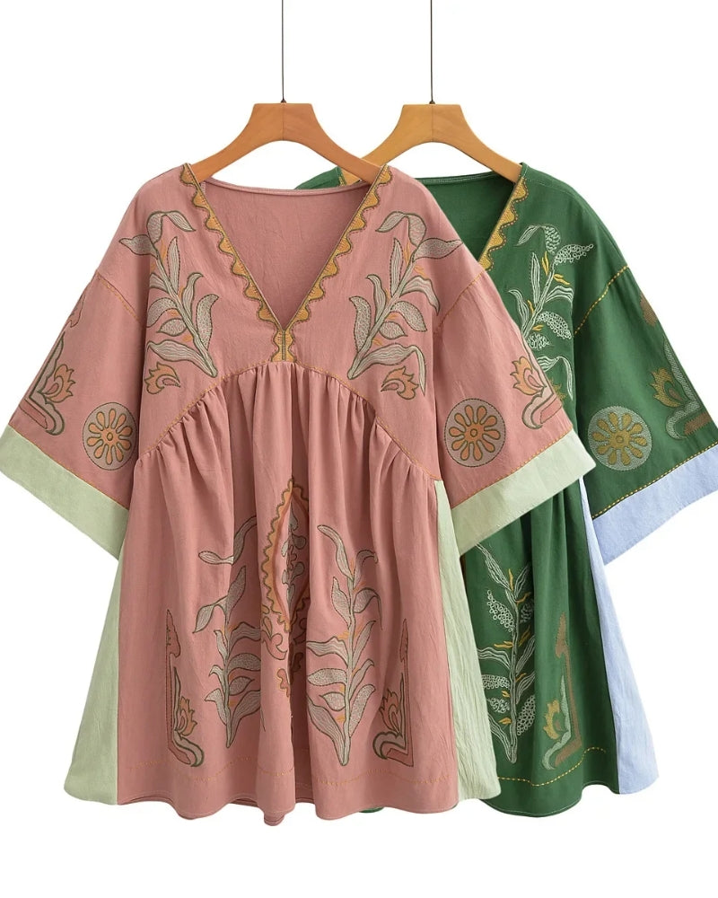Robe mini lin et coton broderie florale bohème été — vue 4