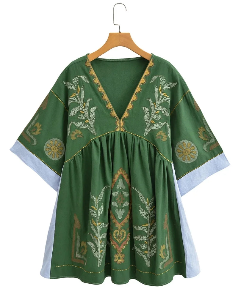 Robe mini lin et coton broderie florale bohème été — vue 3