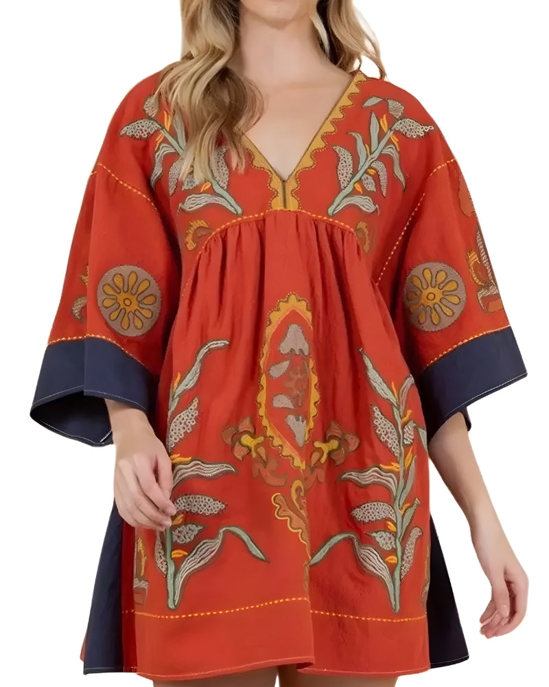 Robe mini lin et coton broderie florale bohème été — vue 13