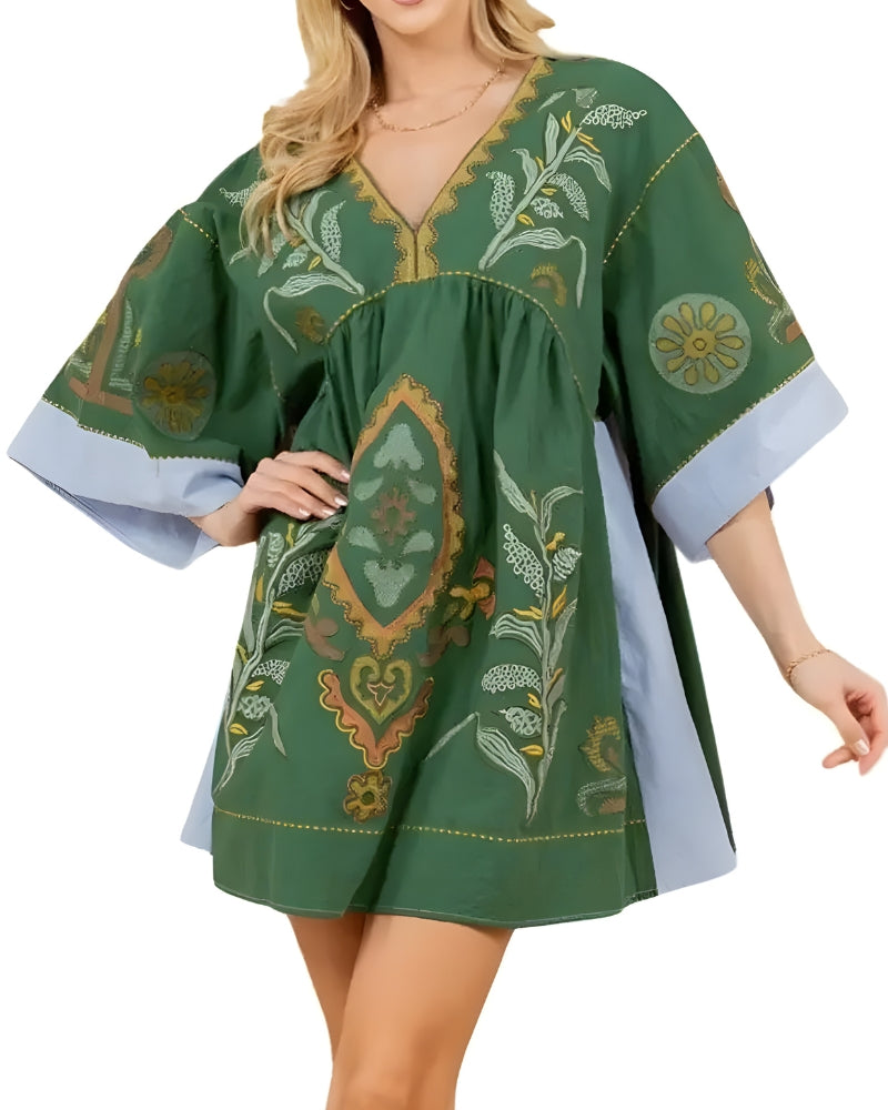 Robe mini lin et coton broderie florale bohème été — vue 12