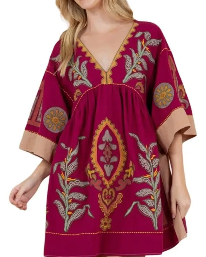 Robe mini lin et coton broderie florale bohème été — vue 11