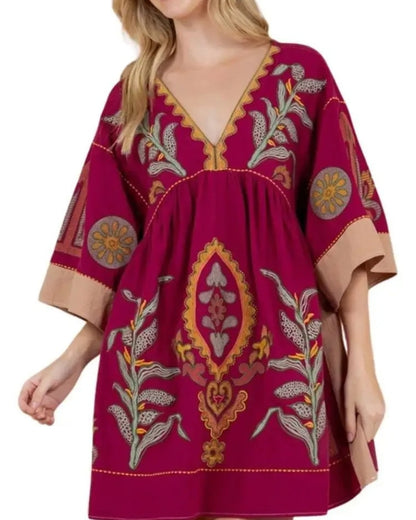 Robe mini lin et coton broderie florale bohème été — vue 11
