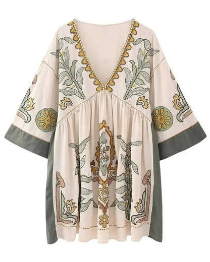 Robe mini lin et coton broderie florale bohème été — vue 10