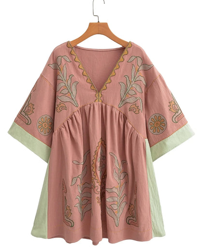 Robe mini lin et coton broderie florale bohème été — vue 8